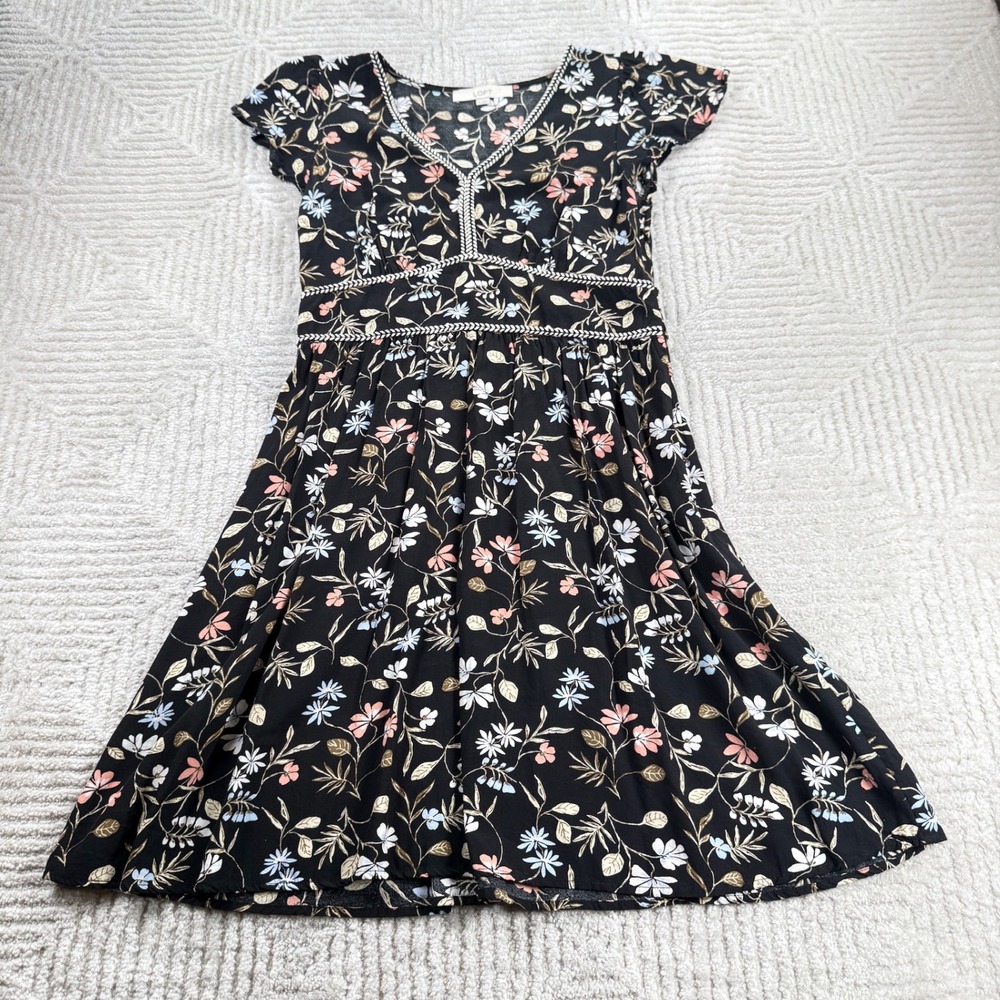 LOFT Floral Fit Flare Dress Womens 4 Black Cottagecore Boho Romantic Brunch Chic
